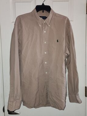 Ralph Lauren Men’s Button-Down Shirt in Light Taupe with Green Logo